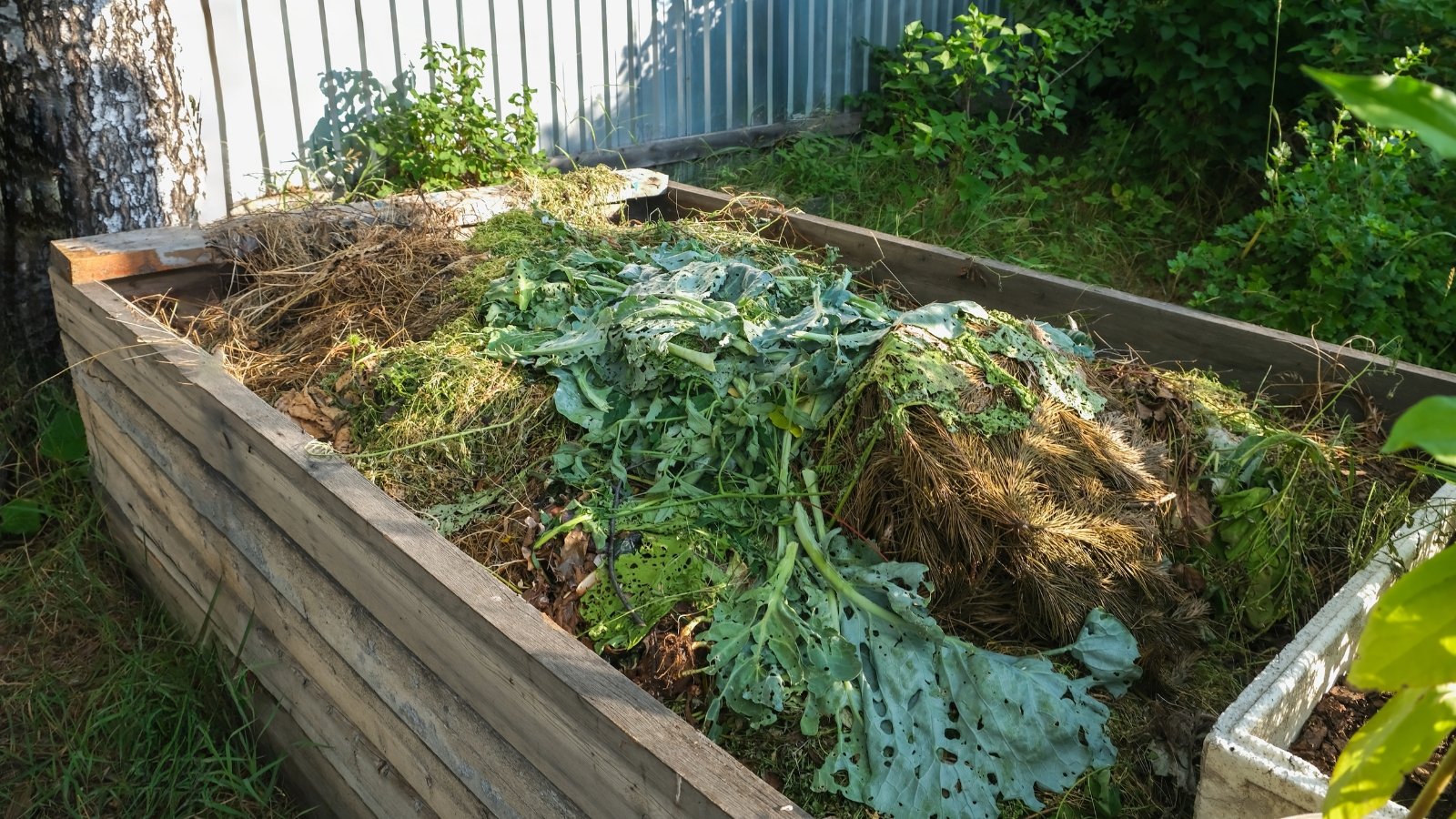 large wooden bin containing layers of organic matter, including grass clippings, food scraps, and dry leaves, set in a backyard garden.