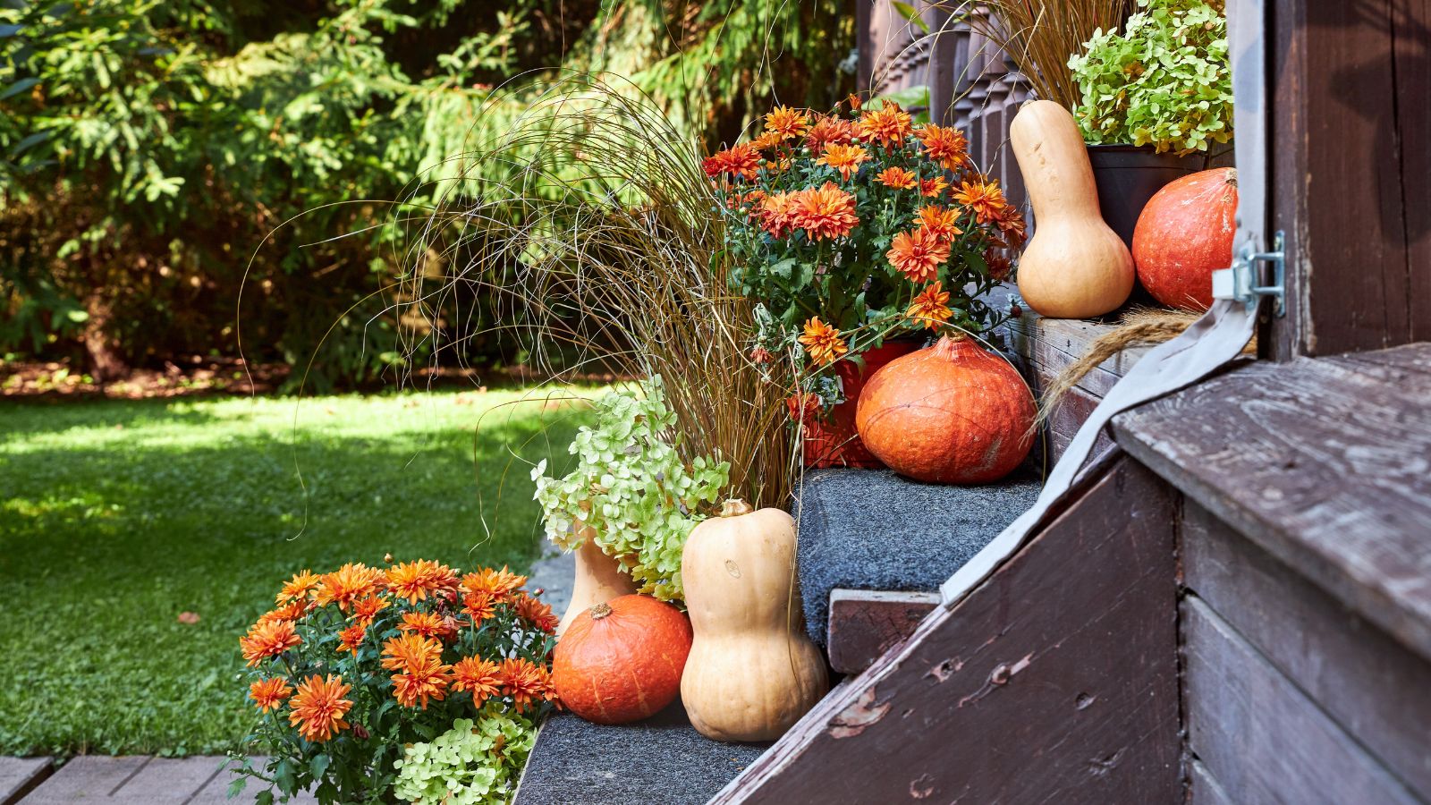 A shot of a wooden entryway with a wooden staircase decorated with multiple variations of pumpkins in a well lit area outdoors