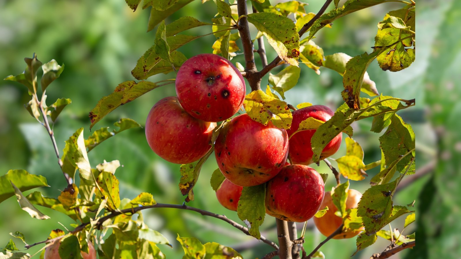 The apple tree affected by Apple Scab displays dark, sunken lesions on its leaves and fruit.
