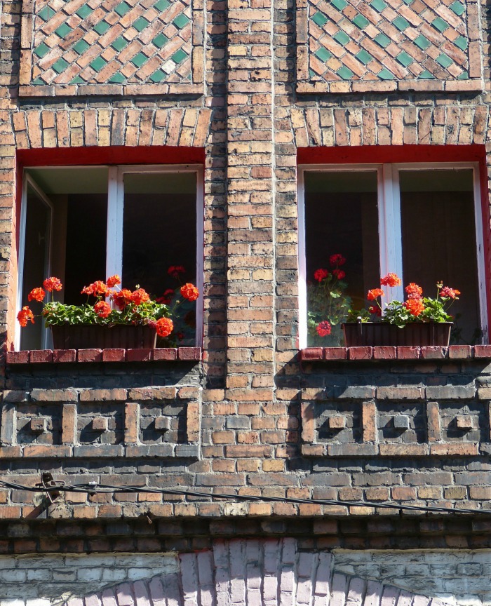 Window box planters on apartments.