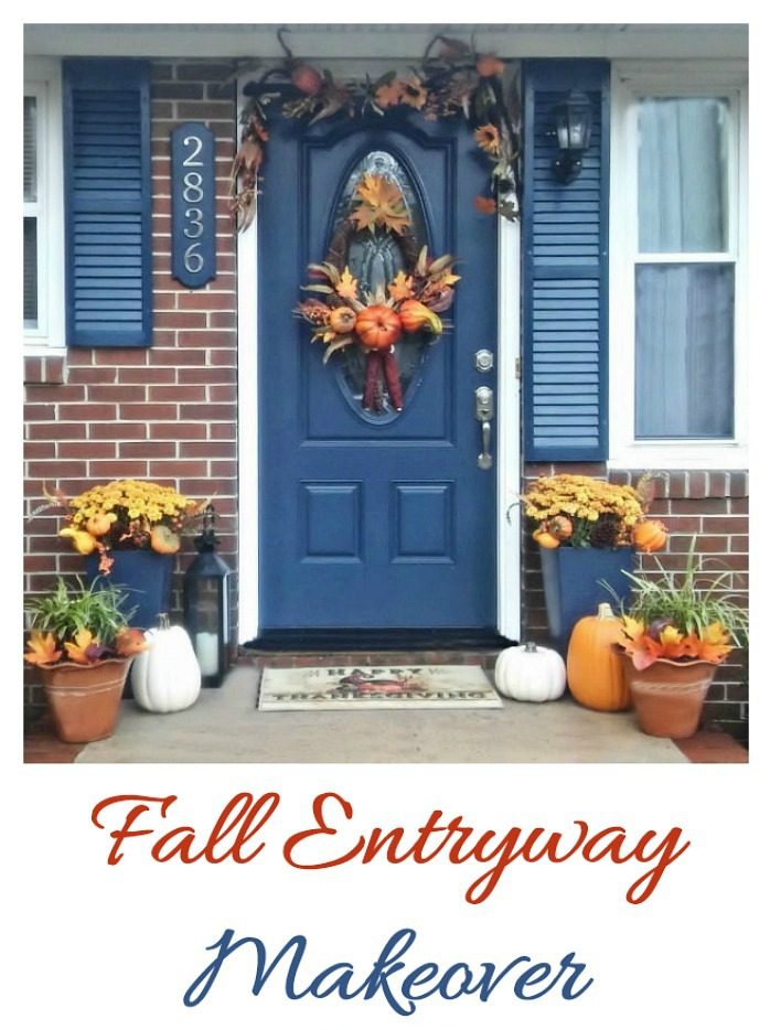 Blue door on a house with fall decorations and words reading Fall entryway makeover.